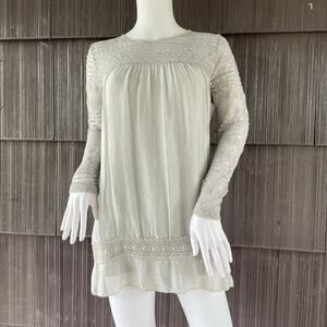 🔥100% Silk From Italy Gray Blouse Sheer Lace Coquette Feminine Boho Cottagecore
